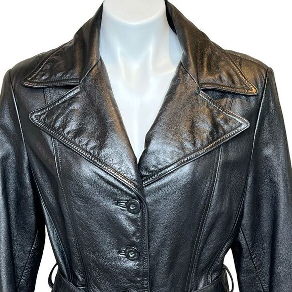 Wilson’s Leather Maxima vintage black leather belted button up jacket size L - Picture 4 of 16